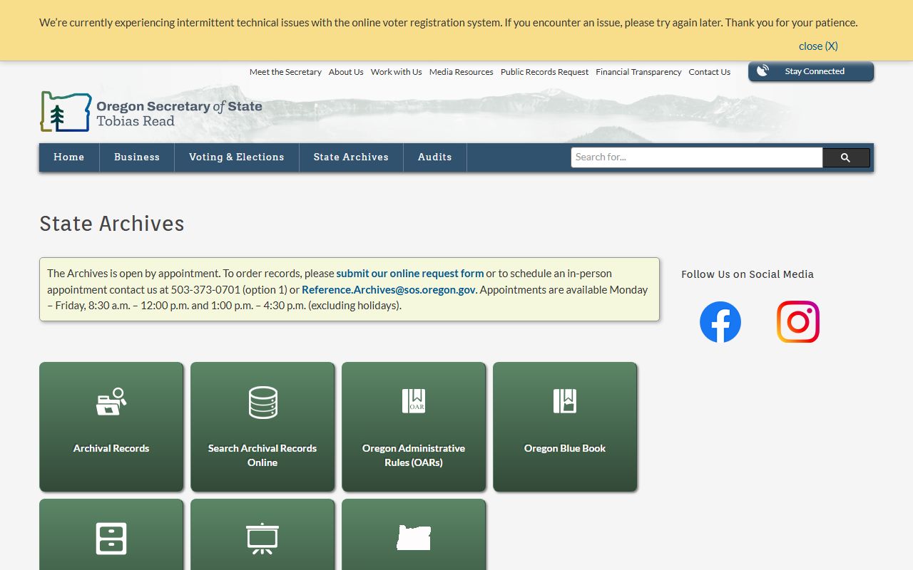Oregon State Archives homepage for Oregon genealogy research